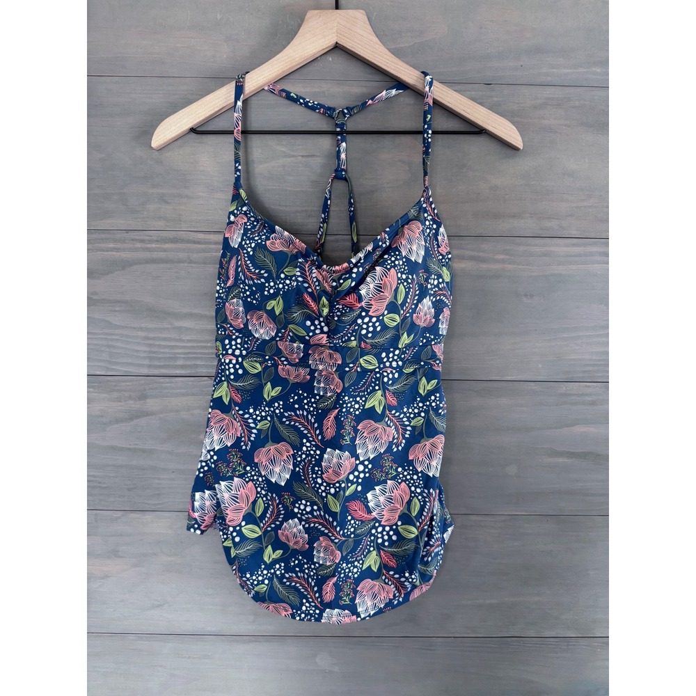 Title Nine Pele Tankini Swim Top Navy Blue Floral Underwire 36C‎ Twisted Front